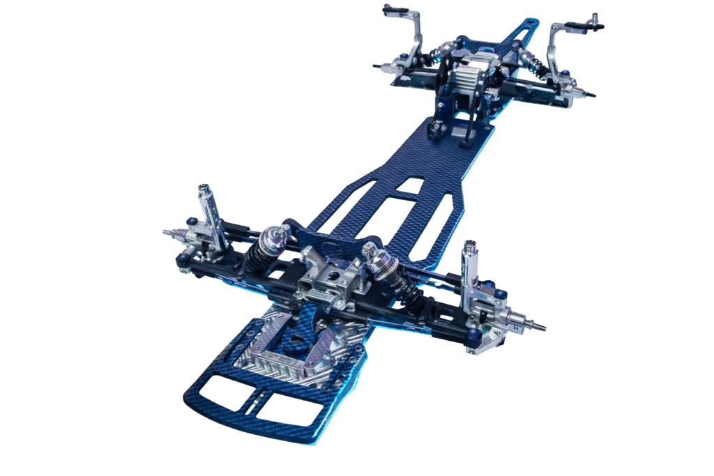 Detailed view of custom RC drag racing chassis with titanium hardware and aluminum components