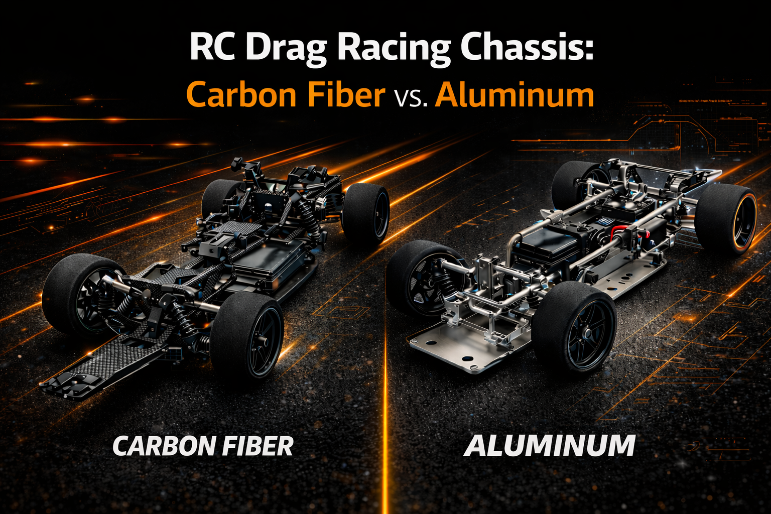 A side-by-side comparison of a lightweight carbon and a durable aluminum RC drag racing chassis.