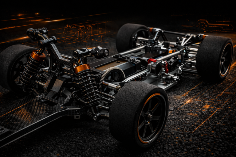 A top-down view of a carbon fiber RC drag racing chassis designed for professional no-prep racing events.