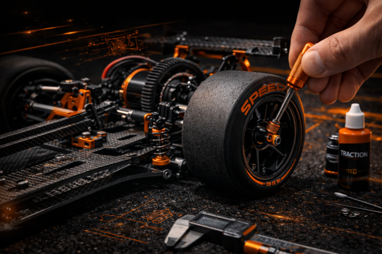 A professional-grade RC drag racing chassis being tuned for maximum traction on a no-prep racing surface.