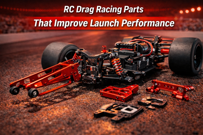RC drag racing parts that improve launch performance including wheelie bar motor mount and carbon fiber chassis