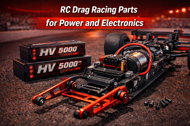 RC drag racing parts for power and electronics including LiPo battery ESC and brushless motor setup