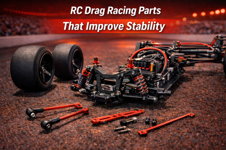 RC drag racing parts that improve stability including suspension components shock towers and carbon fiber chassis setup