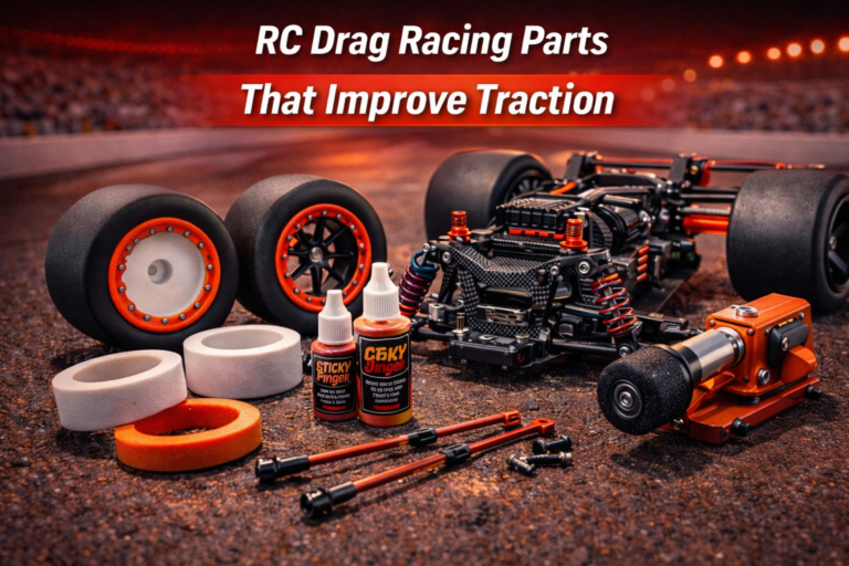 RC drag racing parts that improve traction including drag tires foam inserts tire prep and carbon fiber chassis