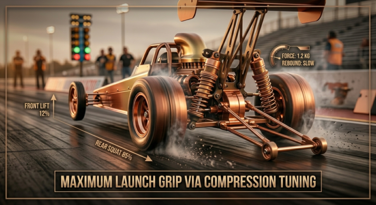 Technical diagram of an RC drag car launching with rear squat and front lift percentages for suspension tuning