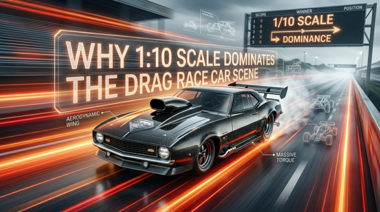 A professional 1/10 scale drag race car positioned at the starting line of a no-prep event.