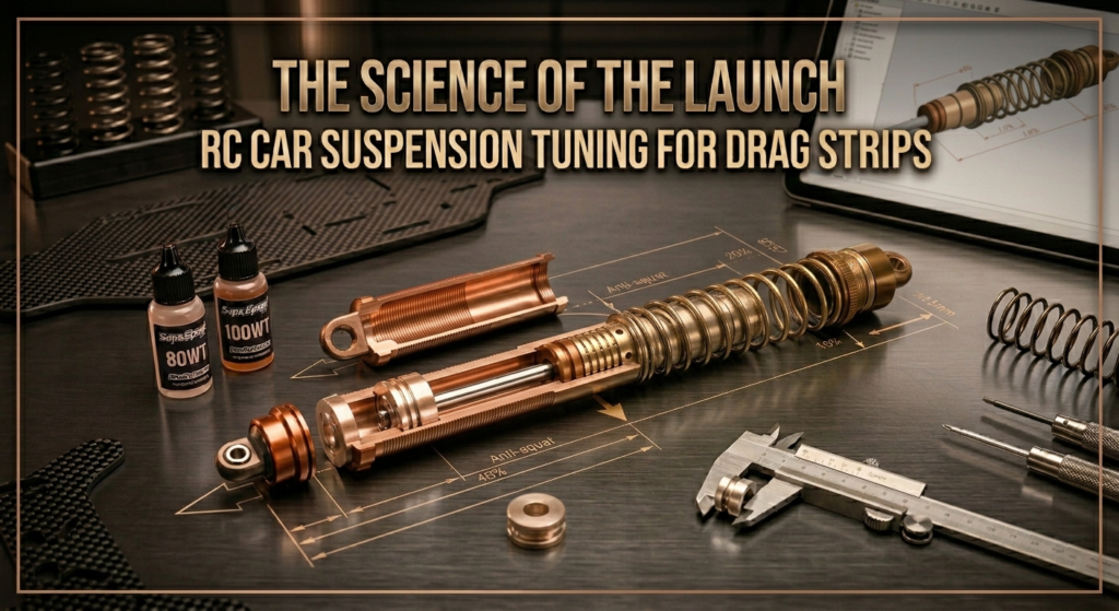 Disassembled high-performance rc car suspension tuning parts in copper and brass finish