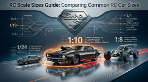 A professional 1/10 scale rc scale sizes positioned at the starting line of a no-prep event