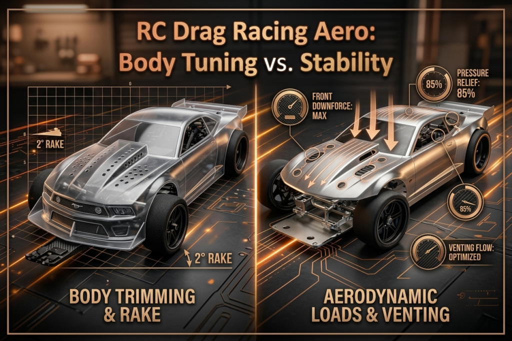 Technical wind tunnel schematic for RC Drag Racing Aero stability, comparing front downforce with and without venting