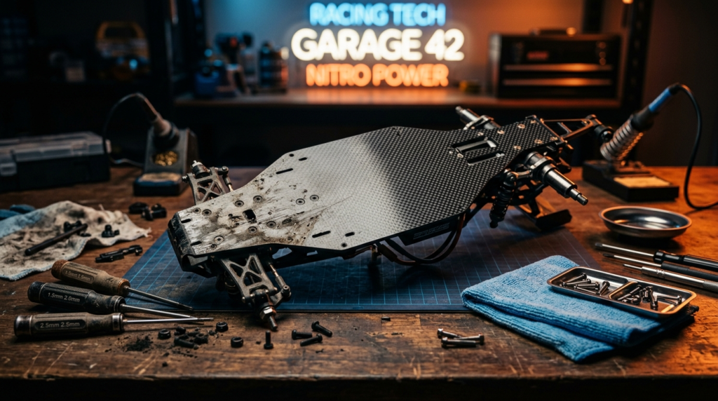 A detailed cross-section view of a high-performance RC chassis to assist in understanding carbon fiber maintenance and longevity.