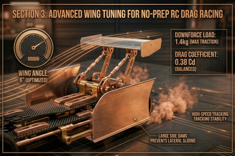 Technical wing assembly for RC Drag Racing Aero showing 6 degree angle and side dam stabilization