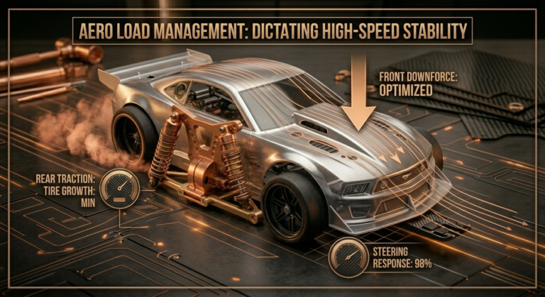 Schematic showing RC Drag Racing Aero load management and front downforce optimization for high-speed stability