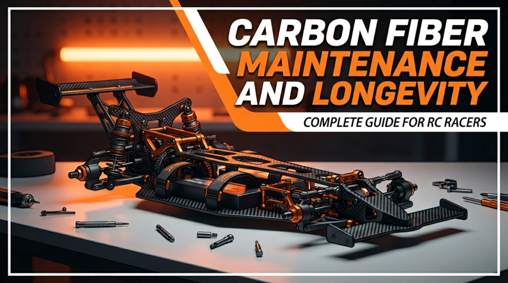 A technical orange-themed RC drag racing chassis used to demonstrate carbon fiber maintenance and longevity.