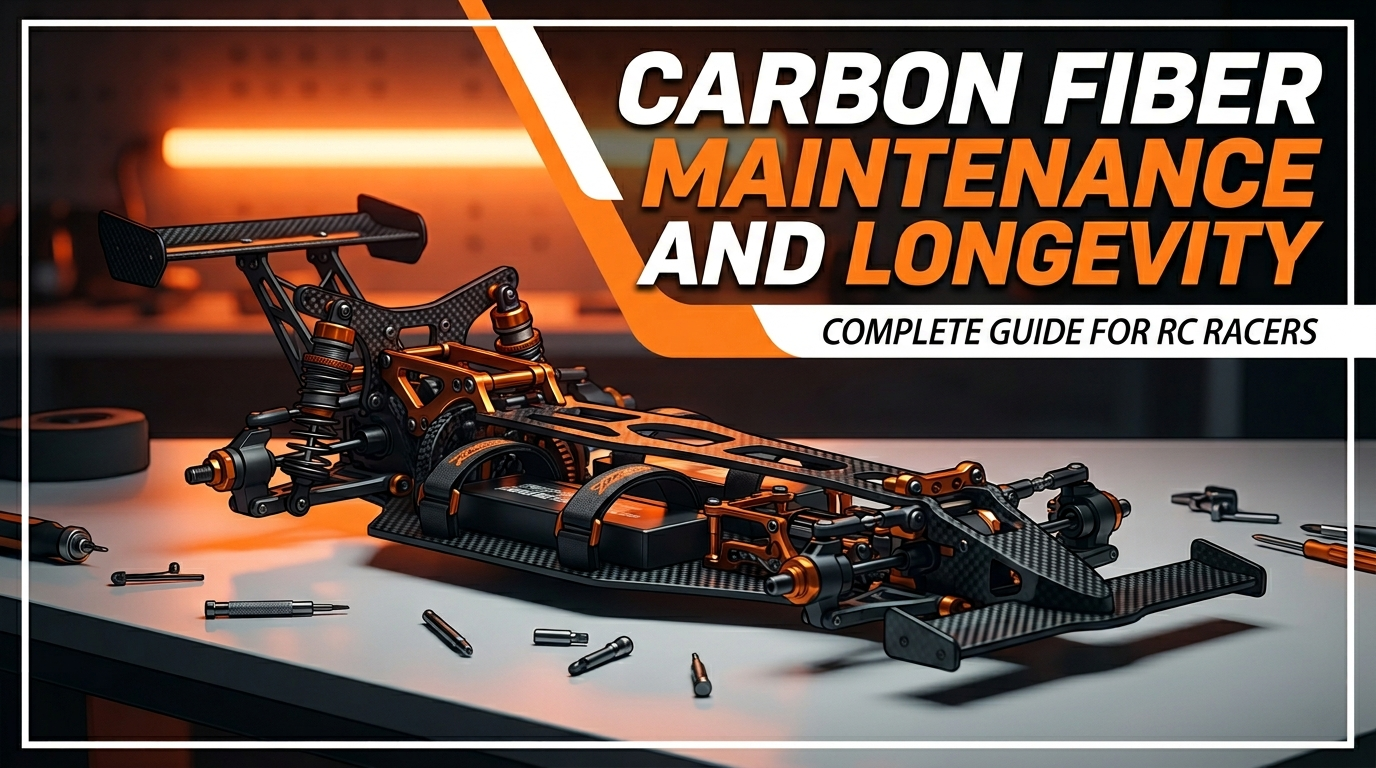 A technical orange-themed RC drag racing chassis used to demonstrate carbon fiber maintenance and longevity.