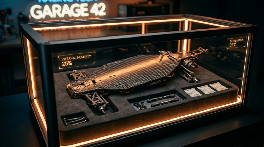 Optimal storage habits for carbon fiber maintenance and longevity including a dedicated car stand and climate-controlled environment.
