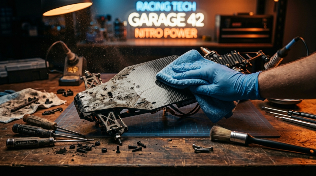 Routine cleaning tools being used on a drag racing frame to ensure carbon fiber maintenance and longevity.