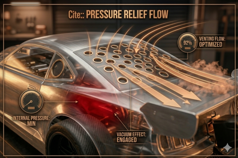 Detailed RC Drag Racing Aero venting diagram showing rear deck pressure relief and vacuum effect engagement