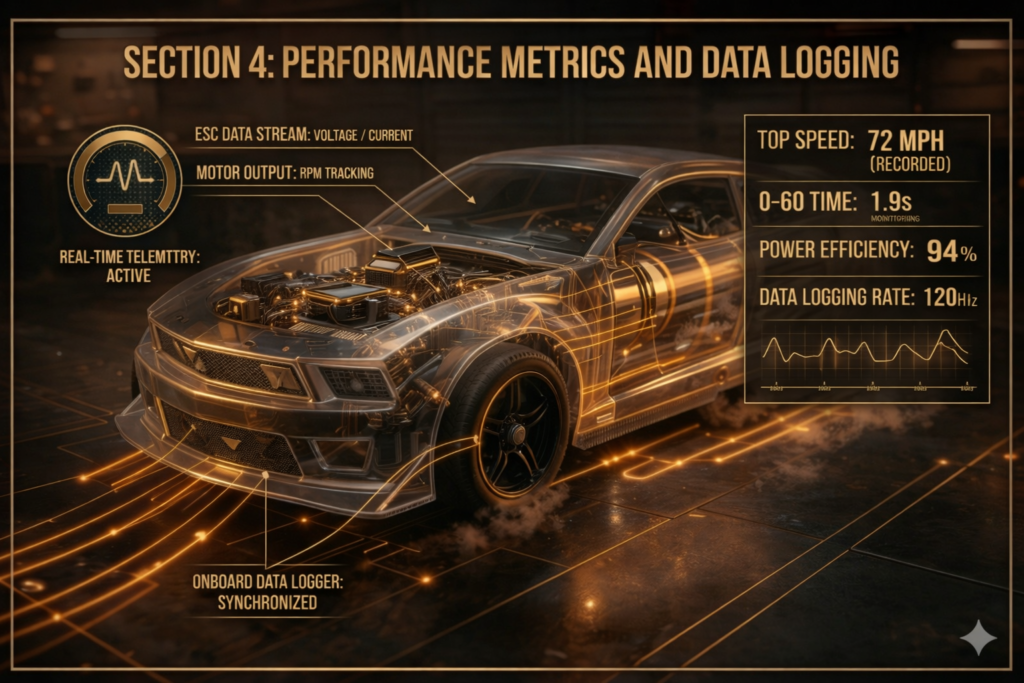1/10 scale RC drag car with transparent body showing internal electronics and real-time performance data logging with telemetry overlays