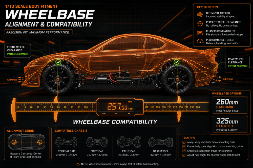 A side-profile technical diagram showing wheelbase alignment and fitment measurements for a 1/10 scale RC body.