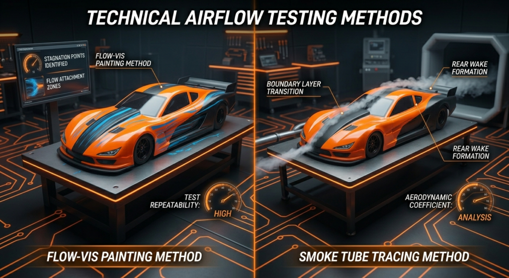 A comparison diagram showing flow-vis painting and smoke tube tracing methods for tuning a 1/10 scale RC body.