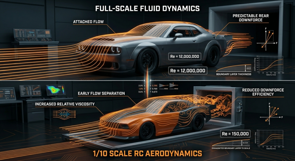 A comparative diagram illustrating the differences in fluid dynamics between a full-scale car and a 1/10 scale RC body due to Reynolds number variations and air viscosity.